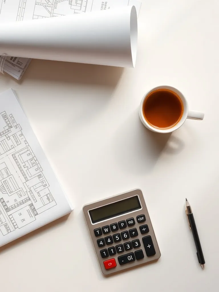 A minimalist bright desk with a modern calculator, some arch