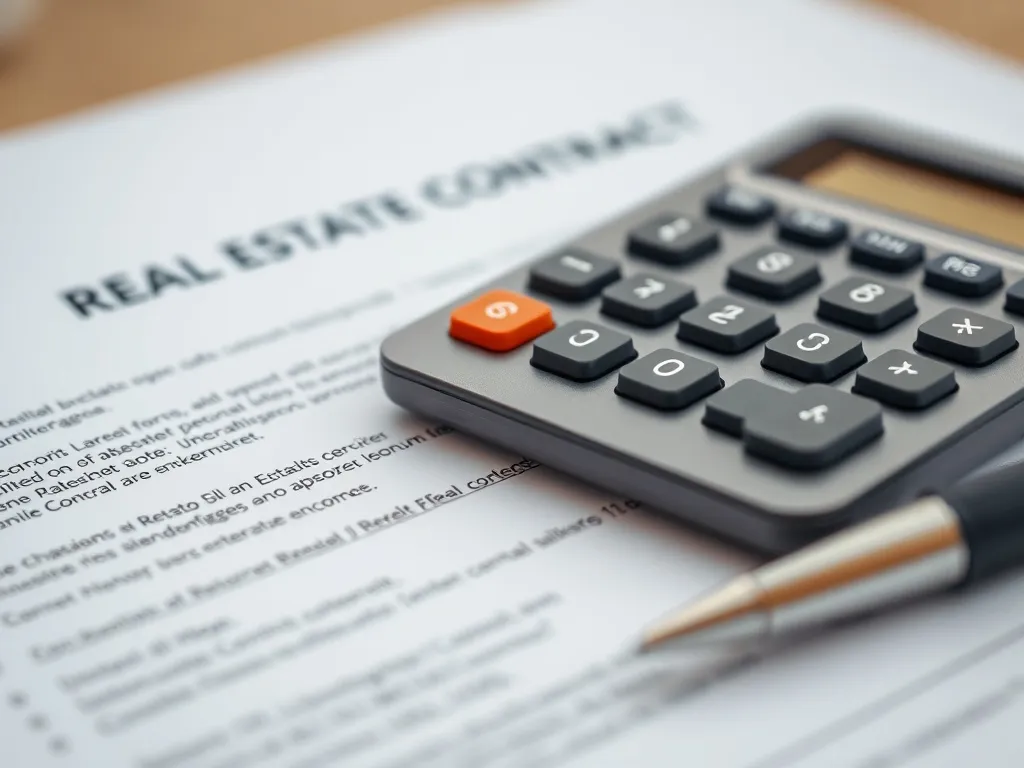 Close up of a calculator and a pen on top of a real estate c