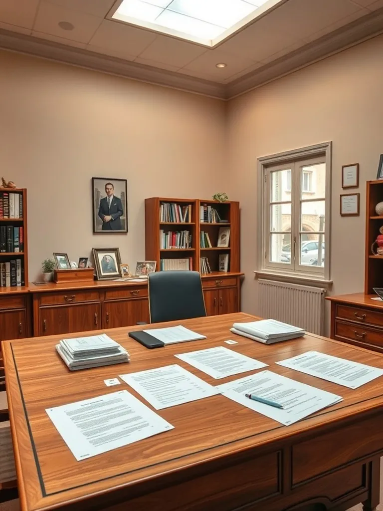 Professional minimalist notary office interior, wooden desk,