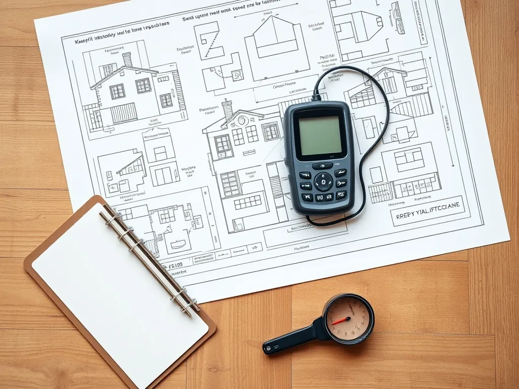 Professional real estate appraiser tools on a wooden table,